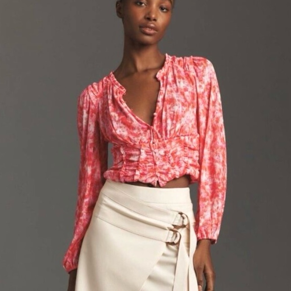 By Anthropologie Long-Sleeve  Pink Femme Ruched Cropped Top Size Large